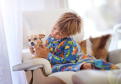 Buy stock photo Child, dog and animal playing on sofa for bonding together, connection or adoption in living room. Young boy, pet puppy and cuddle on couch in apartment for love, care and friendship in home
