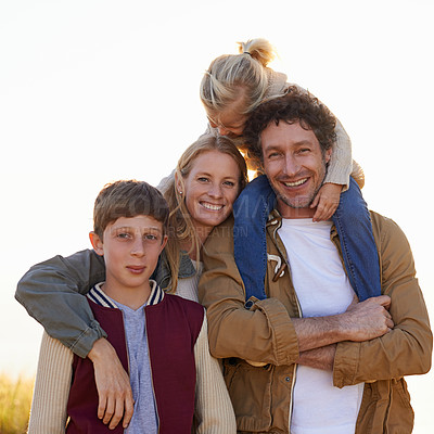 Buy stock photo Family, portrait and smile with countryside, walk and sunrise for morning exercise and bond. Parents, children and field for health, wellness and outdoor adventure at sunset for holiday or vacation.