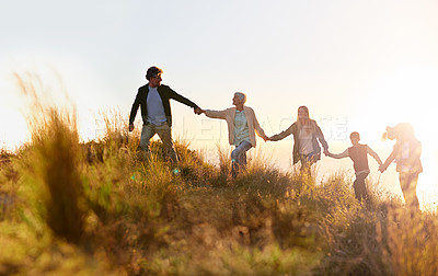 Buy stock photo Shot of a multi-generational family walking hand in hand across a field at sunset