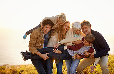 Buy stock photo Grandparents, parents and kids fun portrait in nature, spring in countryside. Exercise, excited with generations playing with child, happy in field on vacation with family together in calm outdoors