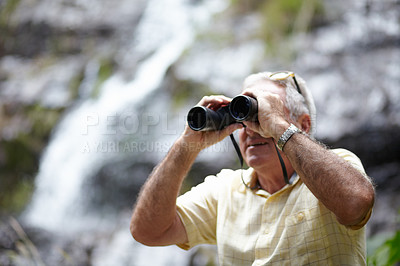 Buy stock photo Binoculars, man and forest or mountain explore for travel, journey or outdoor adventure and carbon footprint tourism. Senior person search or birdwatching experience in nature or eco environment