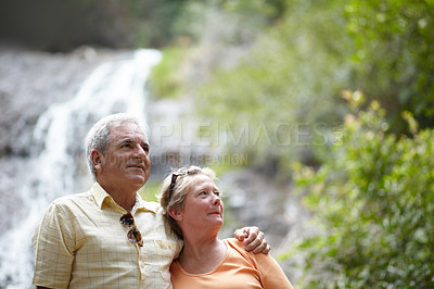 Buy stock photo An affectionate senior couple standing against the backdrop of a picturesque waterfall