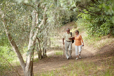 Buy stock photo Hiking, nature and senior couple for fitness, walking stick and retirement exercise, wellness support or path in forest. Elderly people in woods for cardio, travel and health journey or trekking