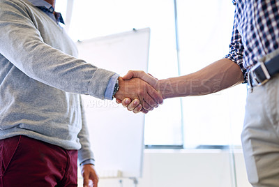 Buy stock photo Business, man and handshake at office on workshop for partnership, deal and agreement. Closeup, people and employees with shaking hands for greeting, welcome and introduction for collaboration