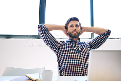 Buy stock photo Businessman, relax and break with laptop at office desk for completion, done or finished with work. Man, employee or rest with computer for productive day, dream job or career ambition at workplace