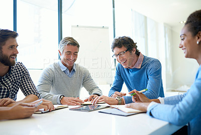 Buy stock photo Planning, happy and tablet with business people in meeting for idea, project management and teamwork. Review, collaboration and branding with employees in boardroom for digital, data and solution