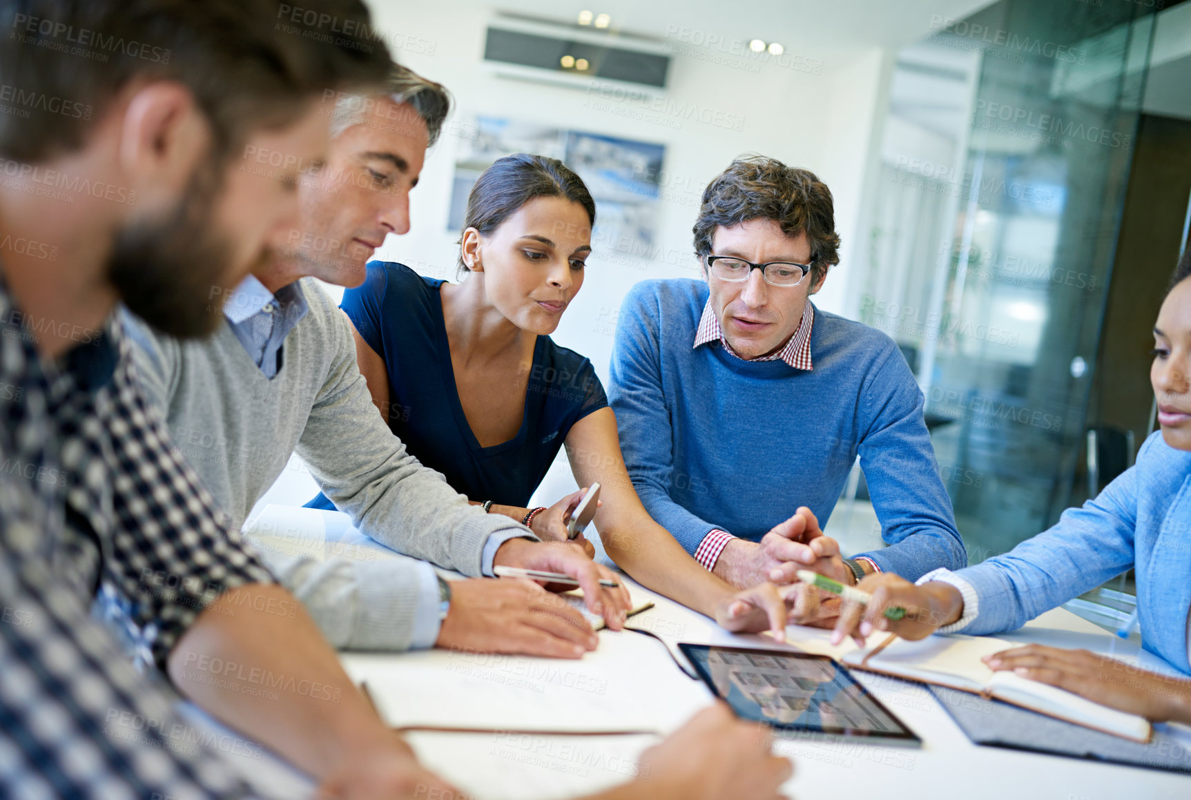 Buy stock photo Planning, teamwork and tablet with business people in meeting for idea, project management and strategy. Review, collaboration and brainstorming with employees for digital, data and solution