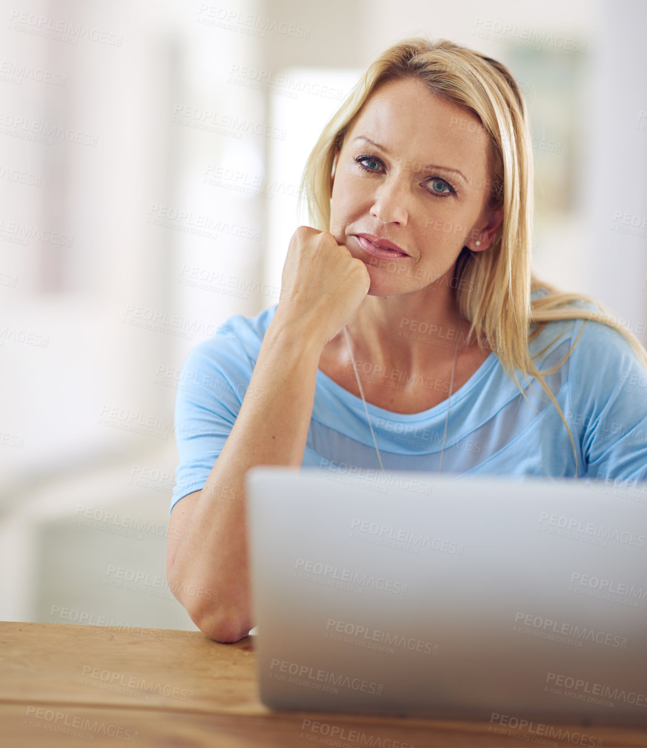 Buy stock photo Home, woman thinking and portrait with laptop for digital budget, planning and financial information. House, mature person and solution with technology for retirement plan, investment and website