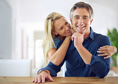 Buy stock photo Home, mature couple and portrait with smile for support, commitment and bonding together in marriage. Happy people, man and woman with hug embrace for security, connection or trust with love in house