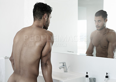 Buy stock photo Shot of a naked man standing in his bathroom