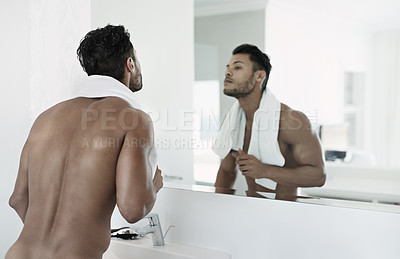 Buy stock photo Shot of a naked man standing in his bathroom