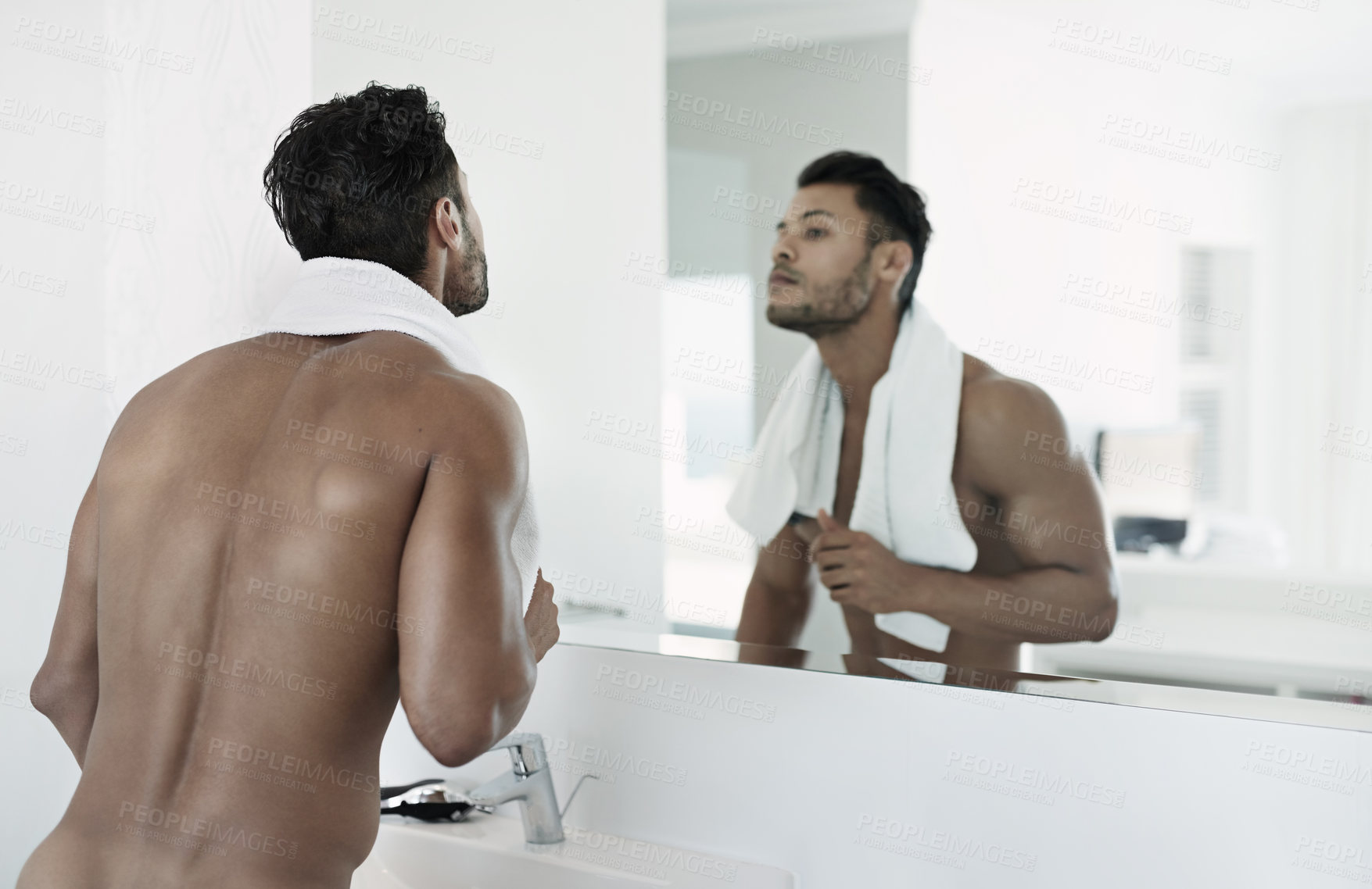 Buy stock photo Shot of a naked man standing in his bathroom