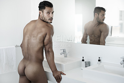 Buy stock photo Shot of a naked man standing in his bathroom