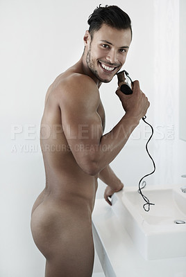 Buy stock photo Shot of a naked man standing in his bathroom