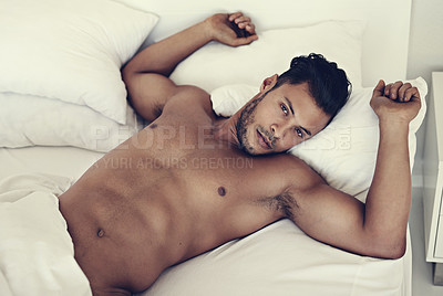 Buy stock photo Portrait, naked and man in a bed in the morning, fitness and muscular at home, serious and confident. Face, male person and guy in the bedroom, muscle and sexy with wellness, nude and shirtless
