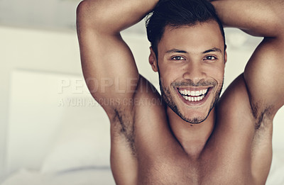 Buy stock photo Bedroom portrait, stretching and happy man with morning smile for wellness, start of new day and happiness after sleeping. Sleep health, wake up and face of healthy young person awake on home bed 