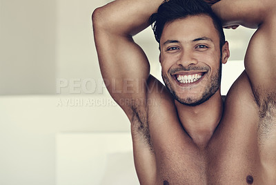 Buy stock photo Smile, portrait of happy shirtless young man and in bedroom background. Skin treatment or body care, confident and smiling topless male model promote healthy lifestyle or wellness at his home