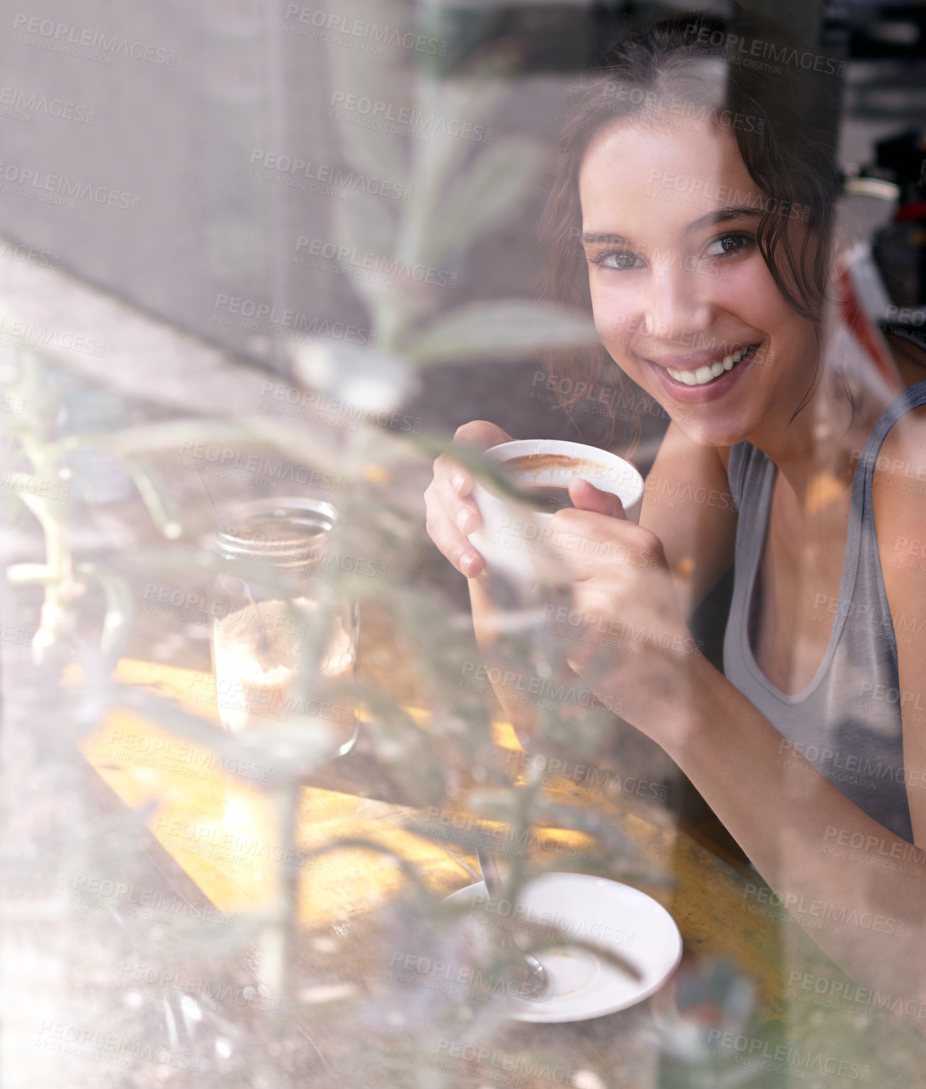 Buy stock photo Happy woman, portrait and window with drink at coffee shop for morning beverage, holiday or weekend. Face, female person or tourist with smile for caffeine or cappacinno at indoor restaurant or cafe