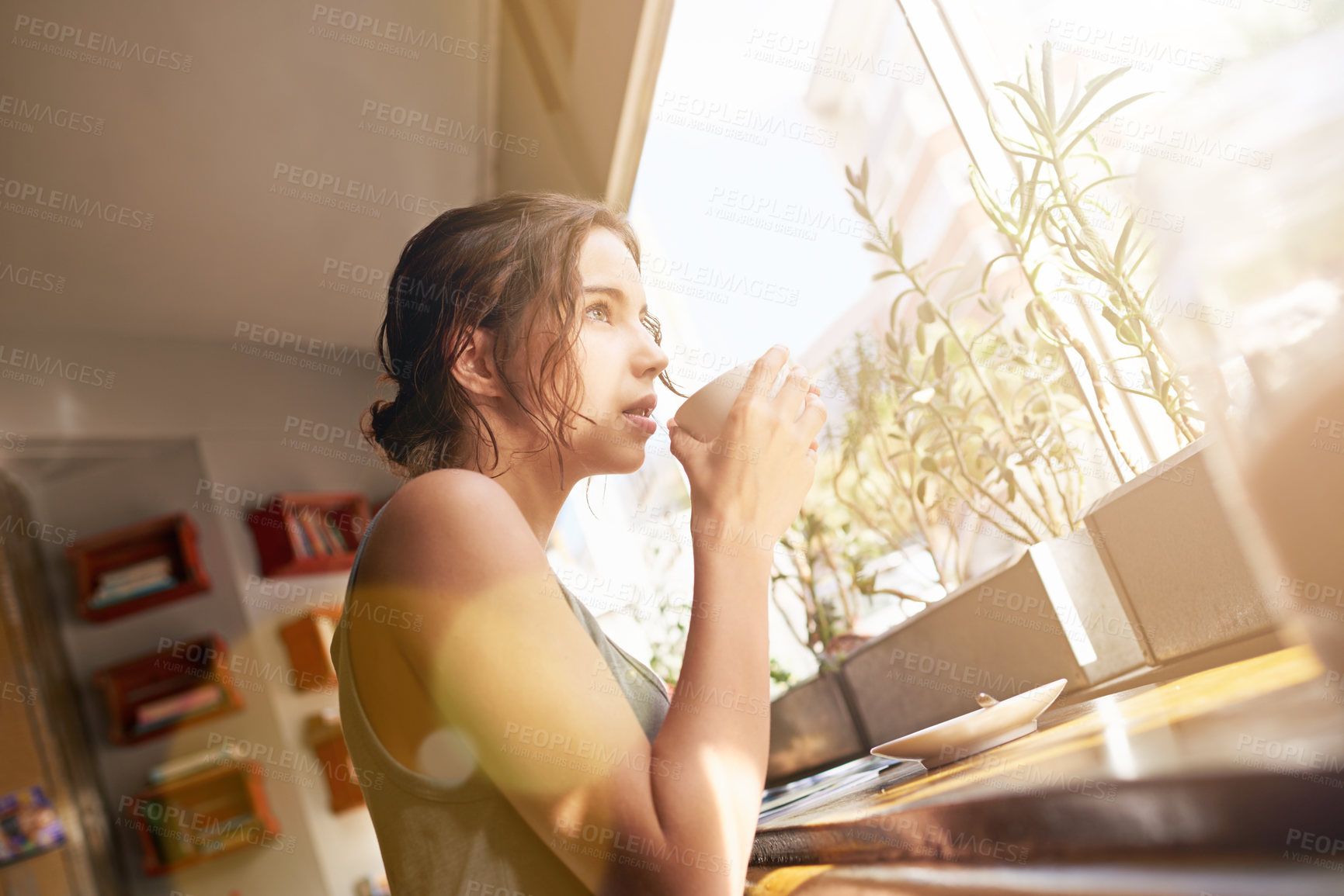 Buy stock photo Woman, drinking and window with coffee at cafe for morning beverage, holiday or weekend. Female person, traveler or tourist with cup or mug for caffeine, cappacinno or espresso at indoor restaurant