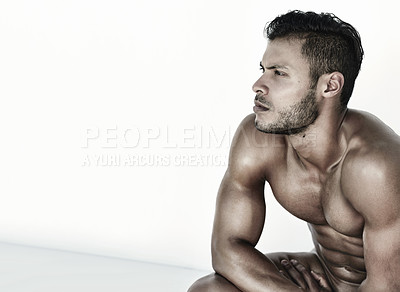 Buy stock photo Mockup, thinking and handsome man for fitness training, exercise ideas and workout plan. Serious, muscle and a male athlete with focus, health idea and looking sexy at the gym for cardio with mock up