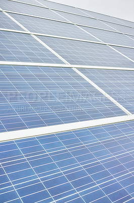 Buy stock photo Close up of solar energy power panel. Sustainable green eco friendly renewable energy is generated by sunlight with a technological device. Reusable natural source of power produced by sunlight 
