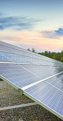 Buy stock photo Sustainable solar power installation in Denmark. Photovoltaic solar cell panels as a renewable energy source. Solar panels generate electricity in solar powered panels, alternative energy from nature