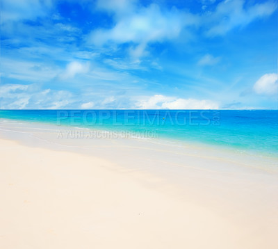 Buy stock photo Hawaii, beach and sea for vacation, holiday and travel in summer at Lanikai. Ocean, water or sand on coast with blue sky, nature or clouds on horizon with calm waves on mockup space on land in Kailua