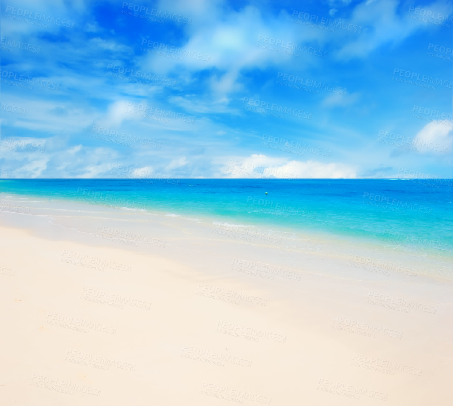 Buy stock photo Hawaii, beach and sea for vacation, holiday and travel in summer at Lanikai. Ocean, water or sand on coast with blue sky, nature or clouds on horizon with calm waves on mockup space on land in Kailua