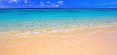 Buy stock photo Hawaii, beach and ocean for vacation, travel or luxury holiday in summer at Lanikai. Sea, water and sand on coast with blue sky, nature or clouds on horizon with calm waves on land outdoor in Kailua