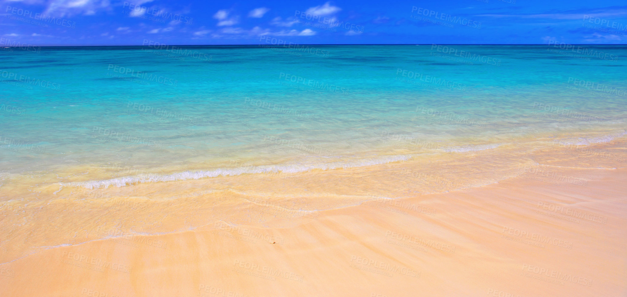 Buy stock photo Hawaii, beach and ocean for vacation, travel or luxury holiday in summer at Lanikai. Sea, water and sand on coast with blue sky, nature or clouds on horizon with calm waves on land outdoor in Kailua