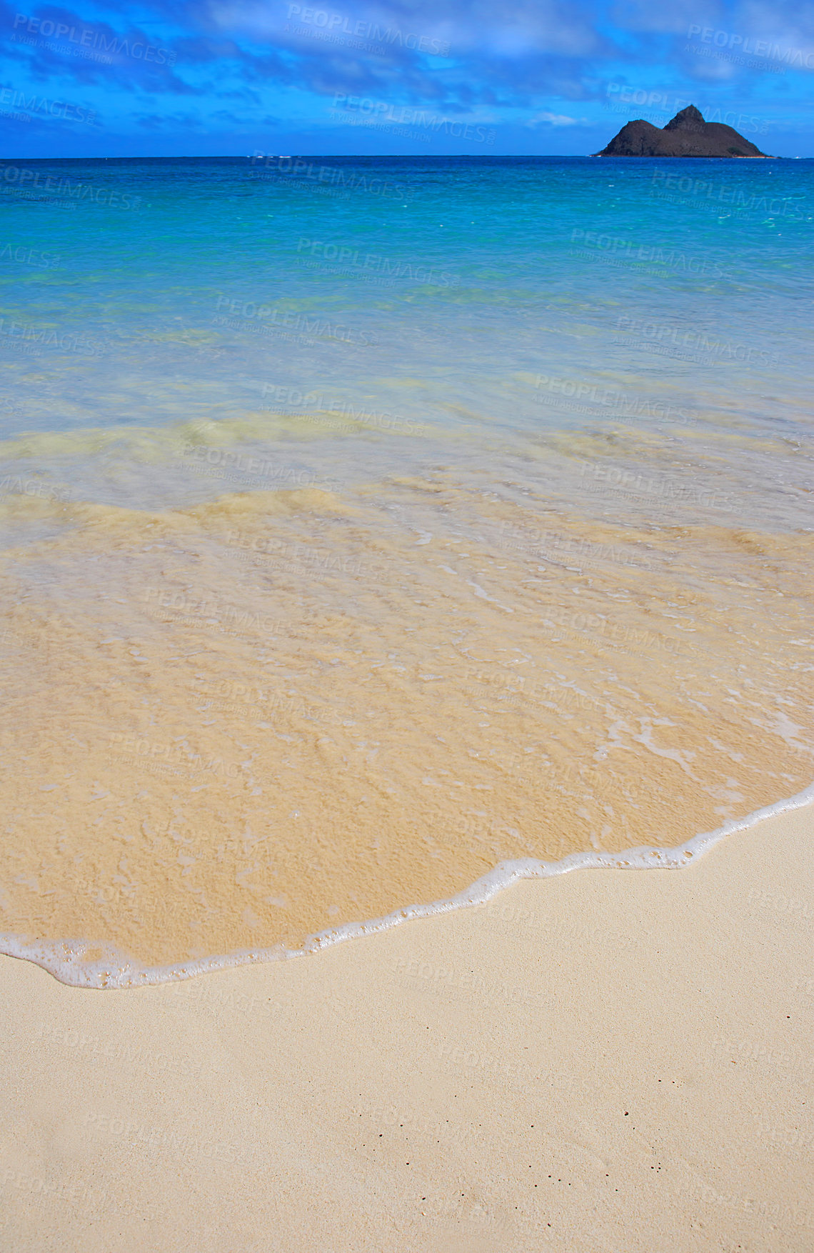 Buy stock photo Hawaii, beach and sea water for holiday, travel and in summer vacation at Lanikai. Ocean, location and sand on coast with blue sky, nature and clouds on horizon with waves on island outdoor in Kailua