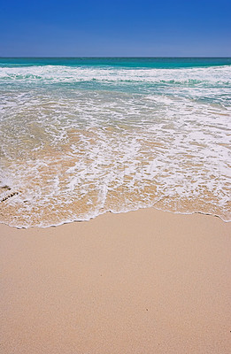 Buy stock photo Beach, waves and water for sand on island, tropical and blue sky for vacation adventure. Summer, holiday or destination for outdoor with sunshine and ocean in Hawaii, calm and sea for nature and foam