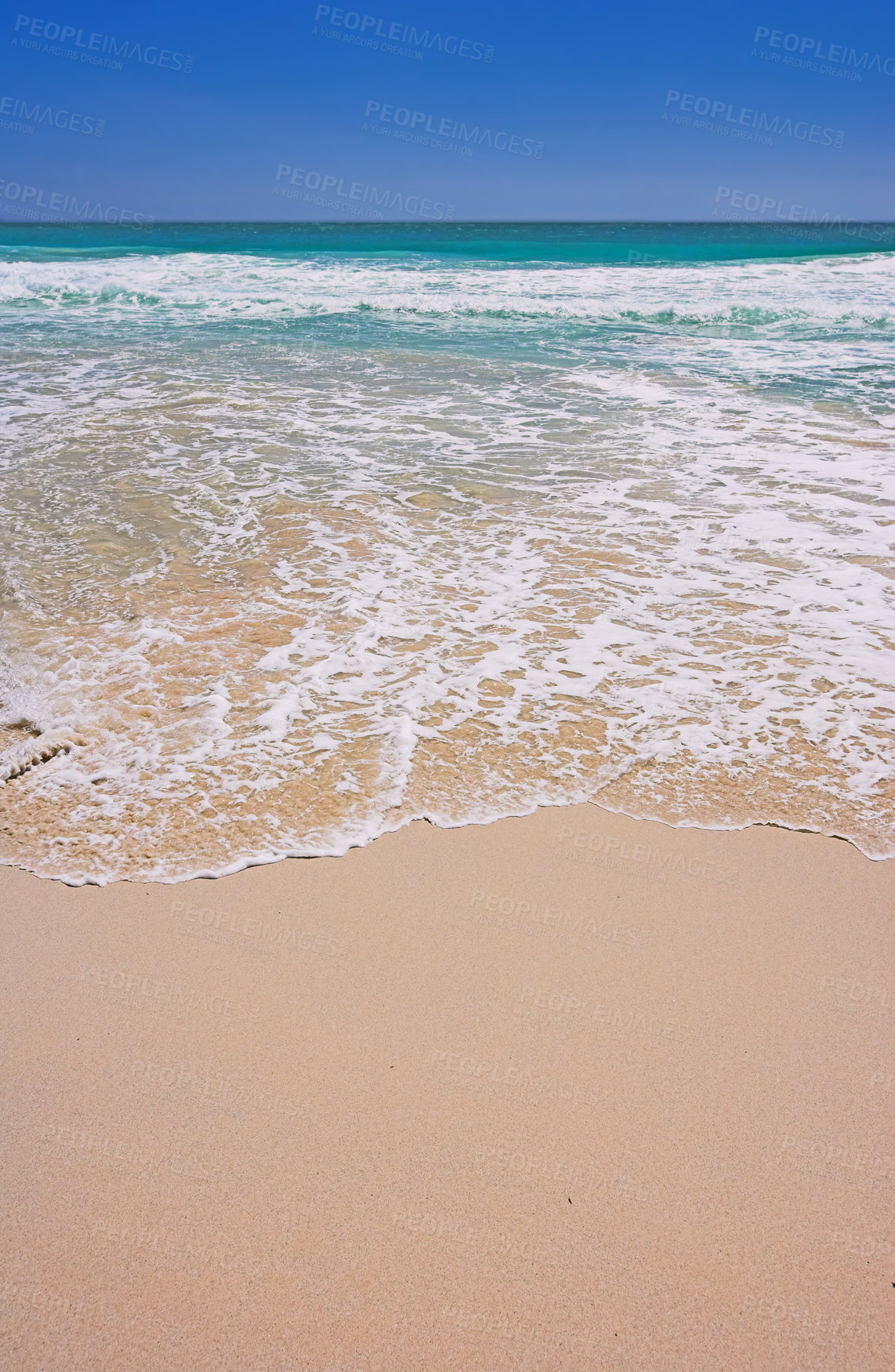 Buy stock photo Beach, waves and water for sand on island, tropical and blue sky for vacation adventure. Summer, holiday or destination for outdoor with sunshine and ocean in Hawaii, calm and sea for nature and foam