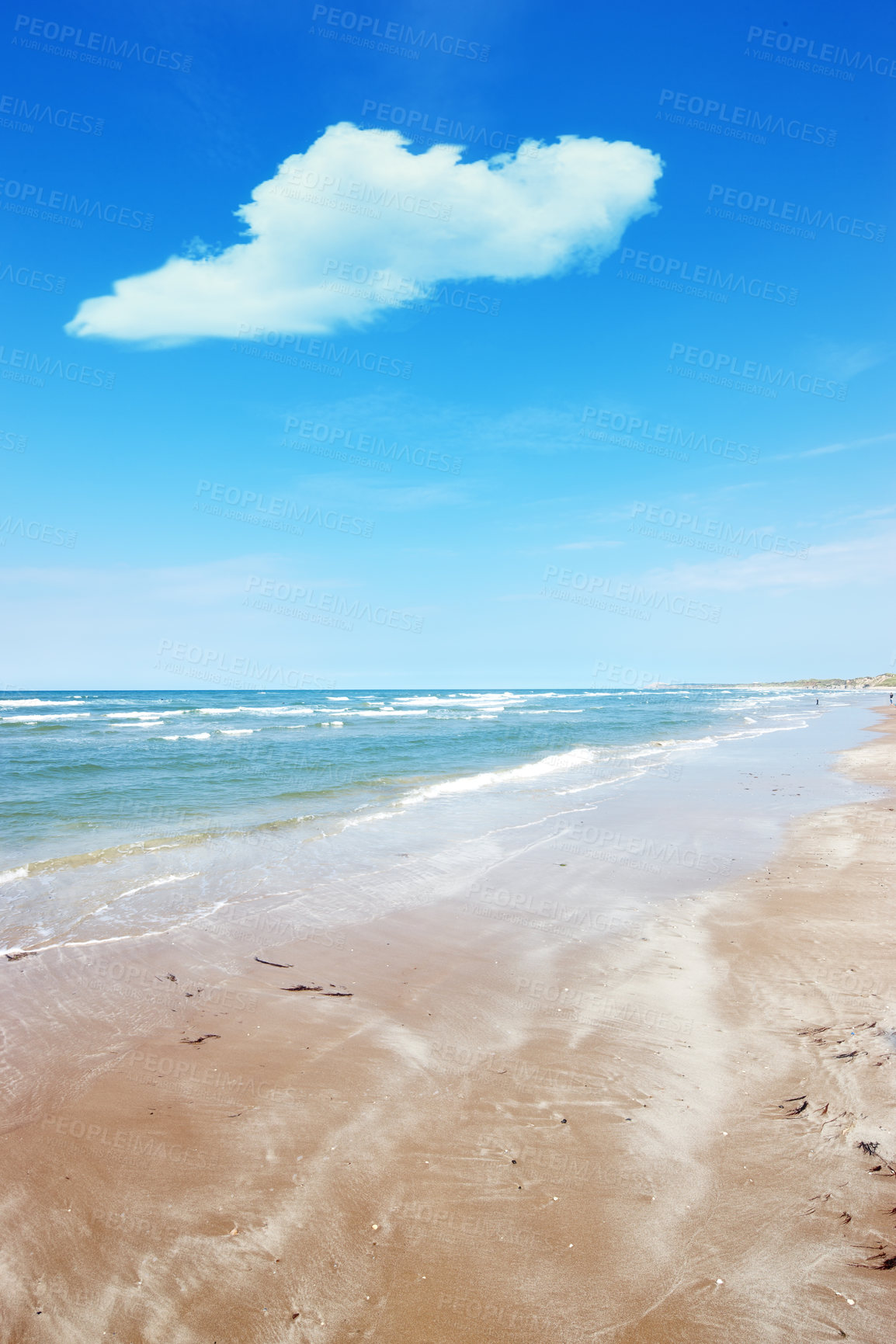 Buy stock photo Hawaii, beach and sea for adventure, holiday and travel in summer at Lanikai. Ocean, water and sand on coast with blue sky, nature and clouds on horizon with calm waves on on landscape for vacation