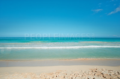 Buy stock photo Beach, nature and water waves in shoreline, sustainable vacation and Hawaii destination or travel holiday. Summer, tranquil and outdoor in calm Pacific Ocean, coastline and blue sky background