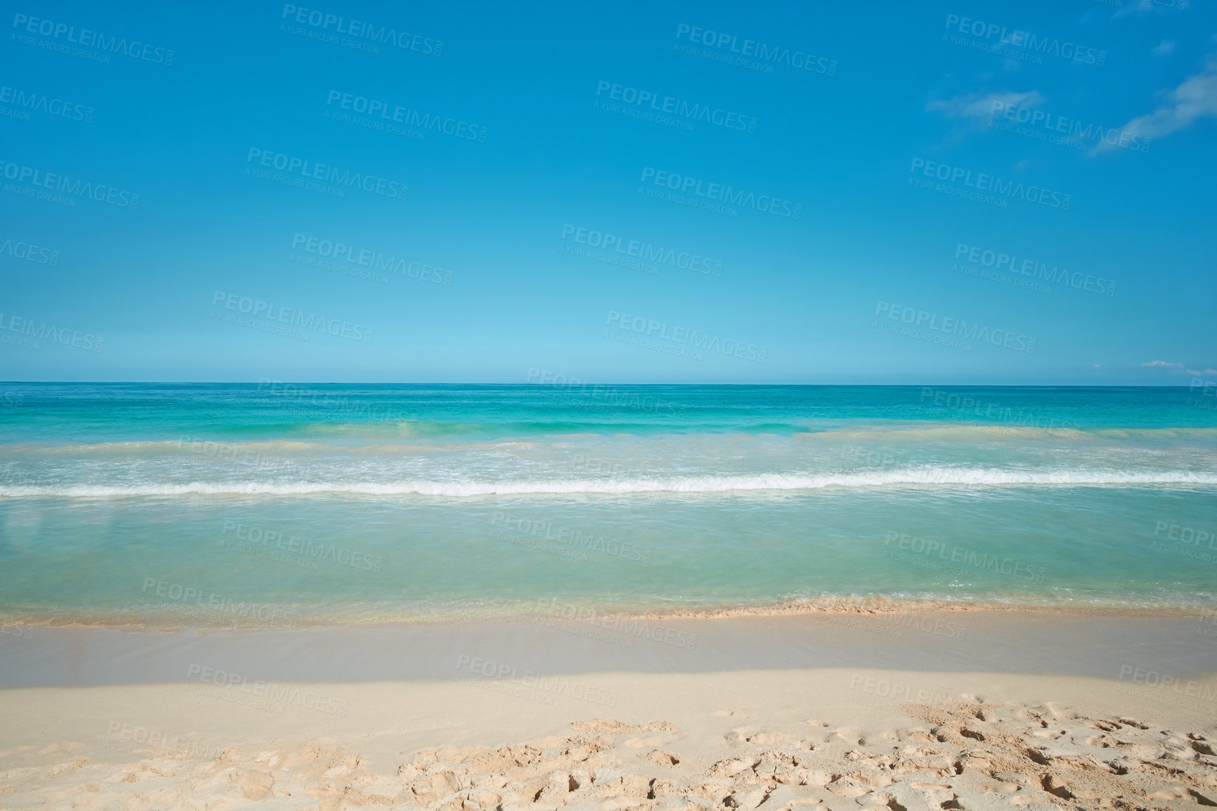 Buy stock photo Beach, nature and water waves in shoreline, sustainable vacation and Hawaii destination or travel holiday. Summer, tranquil and outdoor in calm Pacific Ocean, coastline and blue sky background