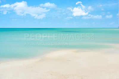 Buy stock photo Beach, sky and outdoor with horizon, clouds and nature with seascape for vacation, summer and tropical island. Ocean, water and landscape for waves, paradise and environment at Lanikai, Hawaii