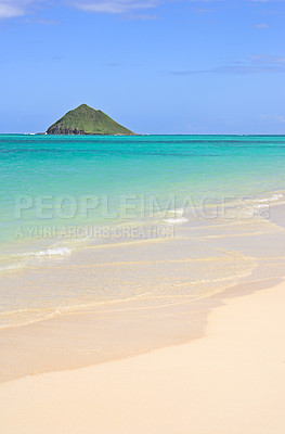 Buy stock photo Hawaii, beach island and sea for vacation, holiday and travel in summer at Lanikai. Ocean, water and sand on coast with blue sky, nature andclouds on horizon with calm waves on land outdoor in Kailua