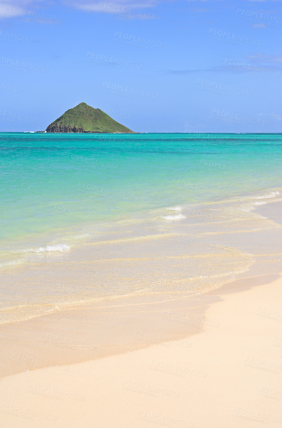 Buy stock photo Hawaii, beach island and sea for vacation, holiday and travel in summer at Lanikai. Ocean, water and sand on coast with blue sky, nature andclouds on horizon with calm waves on land outdoor in Kailua