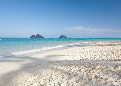 Buy stock photo Hawaii, beach island or sea for vacation, holiday or travel in summer at Lanikai. Ocean, water or sand on coast with blue sky, nature or clouds on horizon with calm waves on mockup space on landscape