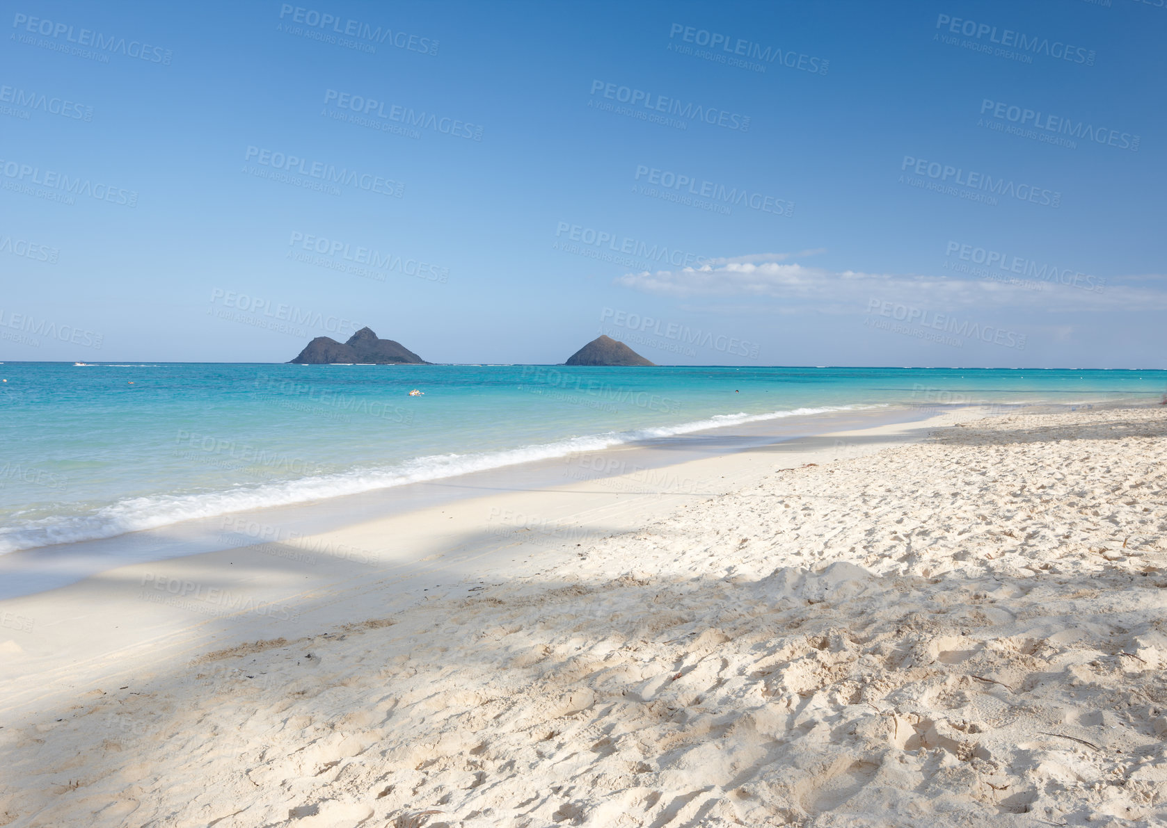 Buy stock photo Hawaii, beach island or sea for vacation, holiday or travel in summer at Lanikai. Ocean, water or sand on coast with blue sky, nature or clouds on horizon with calm waves on mockup space on landscape