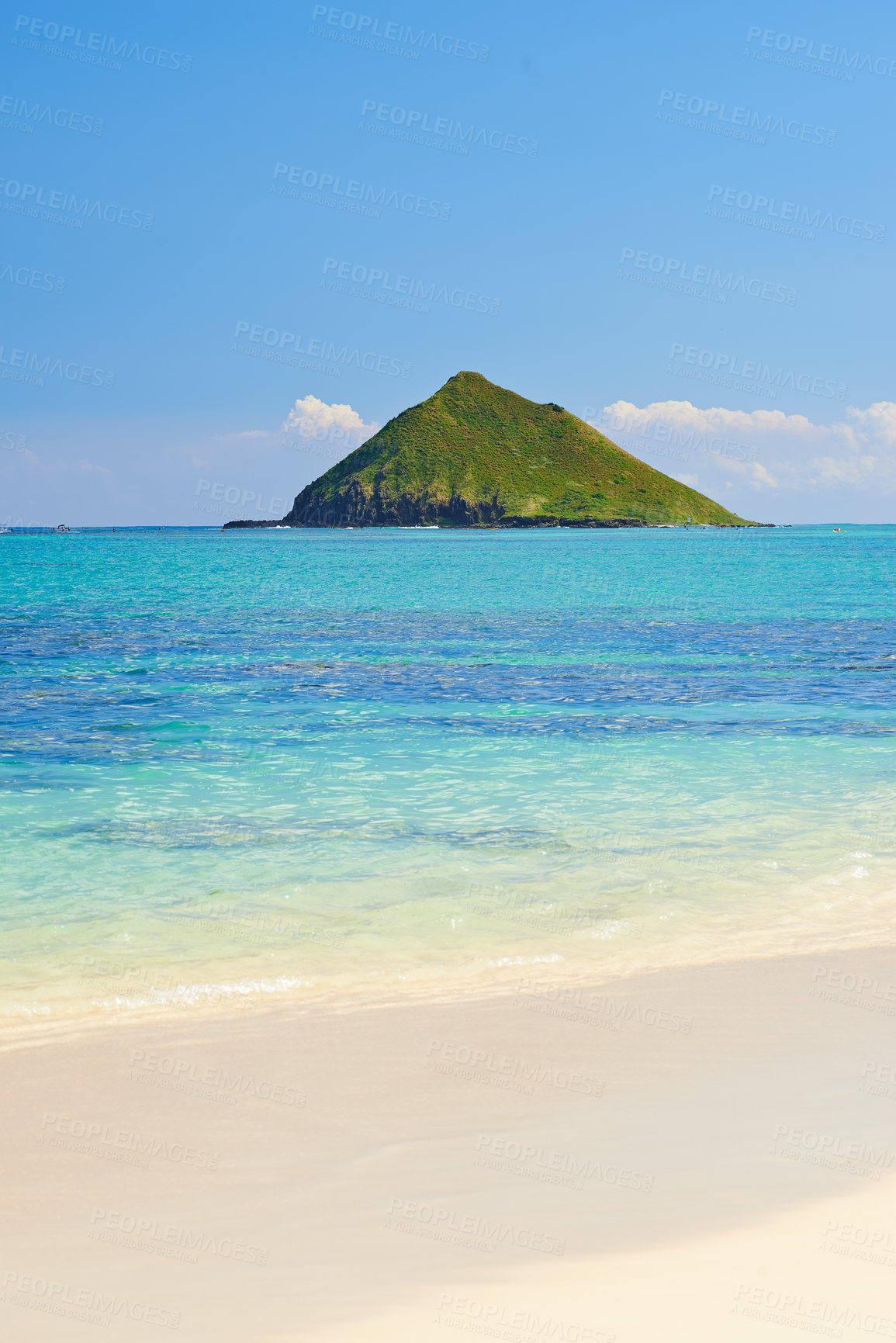 Buy stock photo Beach, nature and water island in ocean, sustainable vacation and Hawaii destination or travel holiday. Summer, outdoor and calm Pacific sea for relax, shore coastline and clouds on blue sky