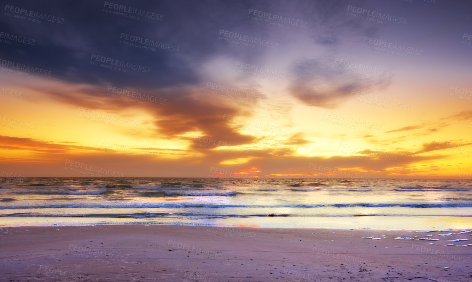 Buy stock photo Nature, sky and sunset at beach with clouds in season for summer holiday, travel or vacation. Earth, sand and sea with horizon on ocean for background, environment or tropical island reflection