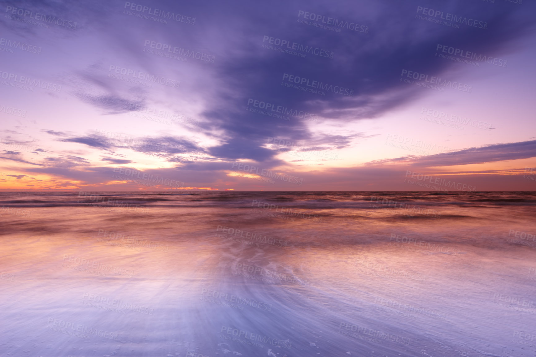 Buy stock photo Earth, sky and sunset at beach with clouds in season for summer holiday, travel or vacation. Nature, sand and sea with horizon on ocean for background, environment or tropical island reflection