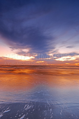 Buy stock photo Sunset, water or sky with landscape of beach for travel location, holiday or vacation in Denmark. Clouds, waves or sunrise with background of natural environment with sea shore for tropical adventure