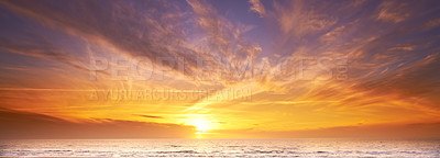 Buy stock photo Nature, orange sky and sunset at beach with clouds in season for summer holiday, travel or vacation. Earth, sand and ocean with sea on ocean for background, environment or tropical island reflection