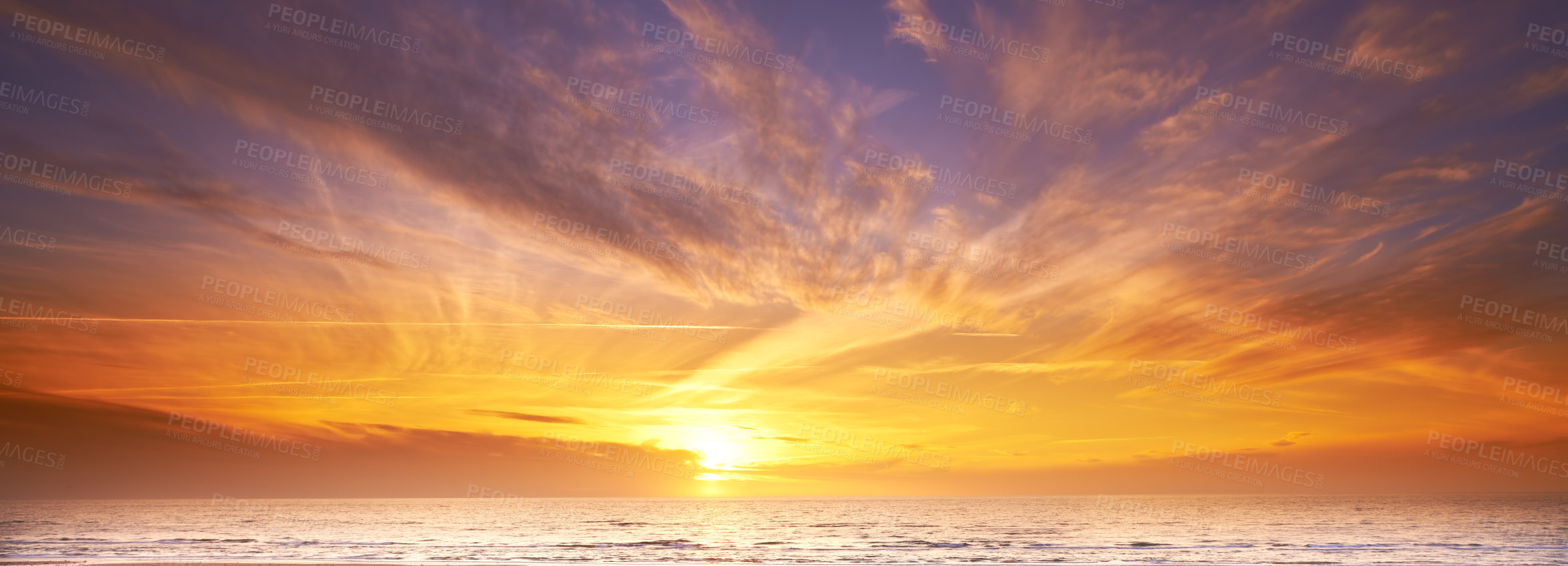 Buy stock photo Nature, orange sky and sunset at beach with clouds in season for summer holiday, travel or vacation. Earth, sand and ocean with sea on ocean for background, environment or tropical island reflection