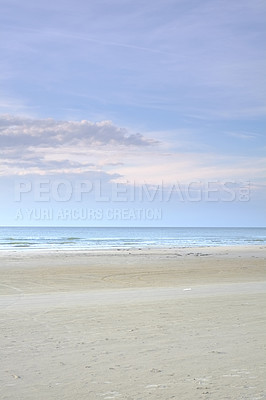 Buy stock photo Horizon, sky and sand with landscape of beach for travel location, holiday and vacation in Denmark. Clouds, water or ocean with background of natural environment with sea shore for tropical adventure