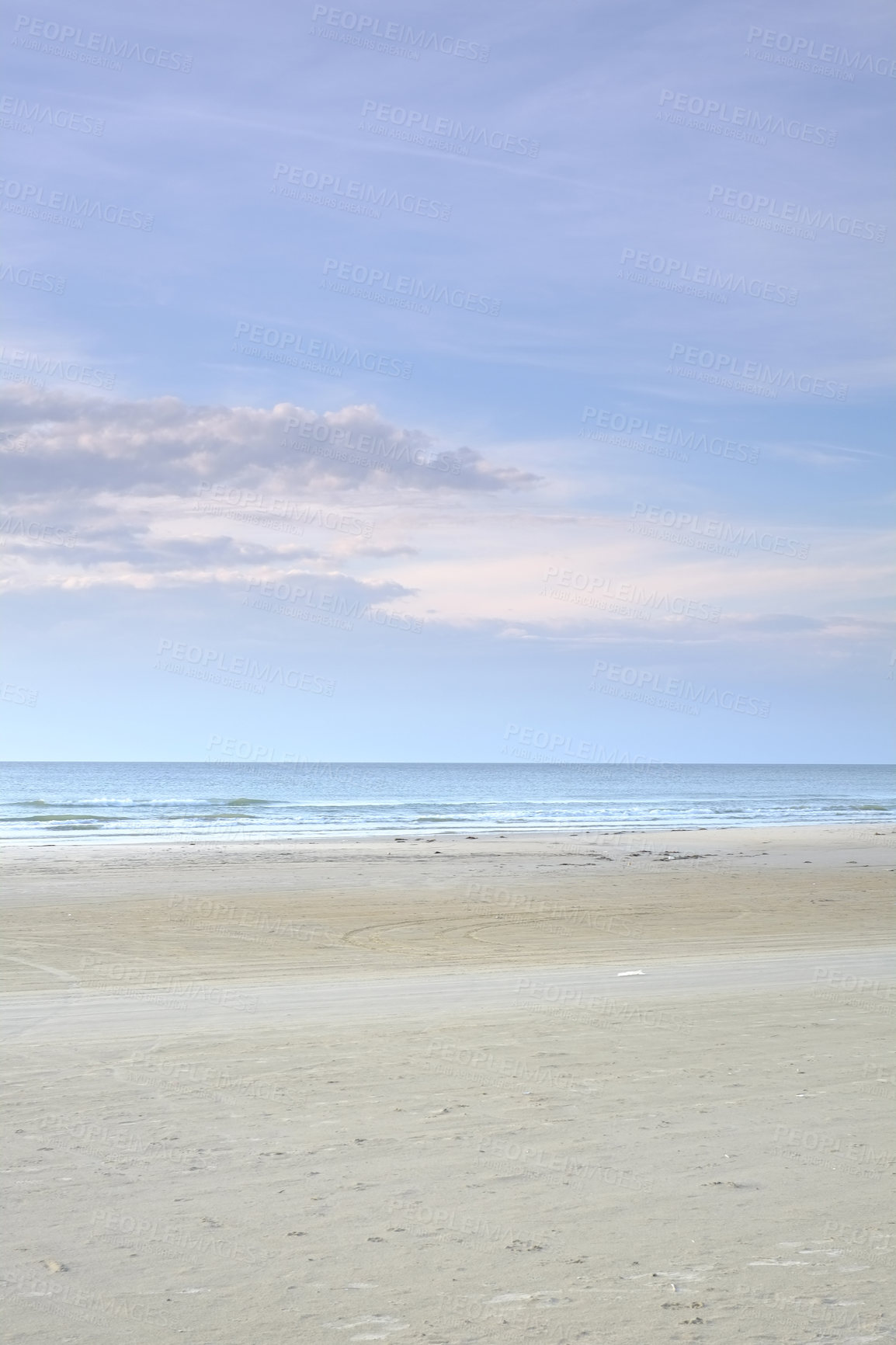 Buy stock photo Horizon, sky and sand with landscape of beach for travel location, holiday and vacation in Denmark. Clouds, water or ocean with background of natural environment with sea shore for tropical adventure