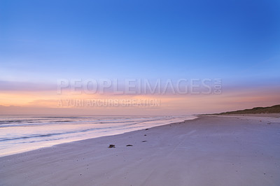 Buy stock photo Travel, coastline and sky with horizon at beach for environment, landscape or holiday destination. Empty, nature and ocean with waves for tourism, summer vacation or weekend getaway in Denmark